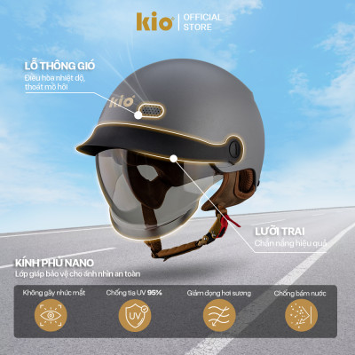 Mũ Bảo Hiểm Nửa Đầu Kio SafeStyle Metro KN10K, Kính Âm Phủ Nano Chống Tia UV, Lưỡi Trai, Thông Gió