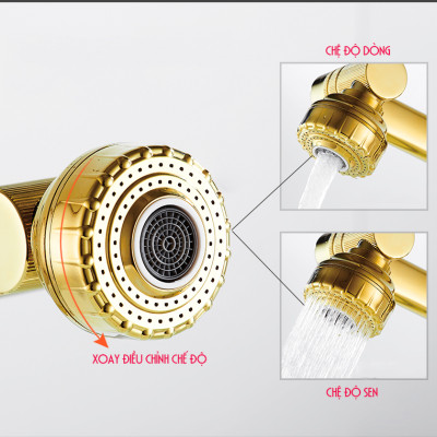 Vòi rửa mặt Lavabo cổ xoay 720 độ đa chiều, củ đồng, thân ngắn mạ vàng, điều chỉnh nhiều chế độ tia nước Minh House