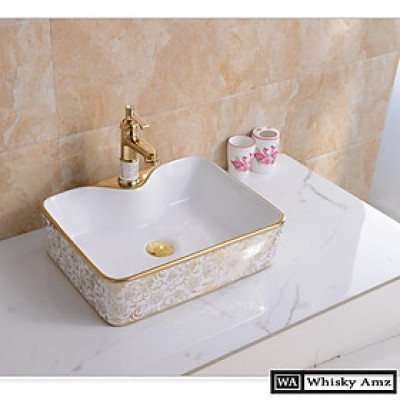 CHẬU RỬA MẶT, LAVABO TRẮNG HỌA TIẾT VÀNG VIỀN VÀNG NHẬP KHẨU CHÍNH HÃNG GROVES CAO CẤP 8170HB