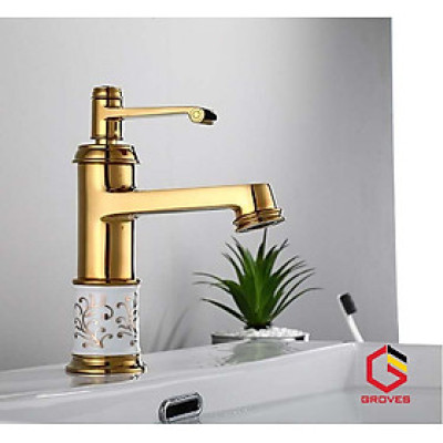 Vòi rửa mặt mạ vàng bọc sứ hoa văn thân thấp 20 cm nhập khẩu chính hãng GROVES GR053