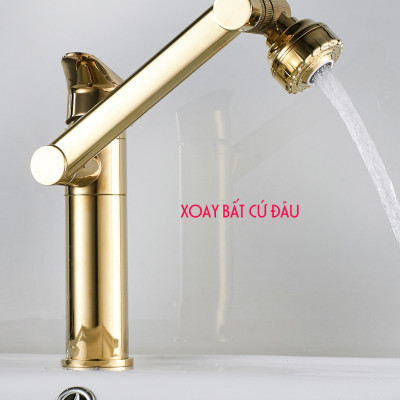 Vòi rửa mặt Lavabo cổ xoay 720 độ đa chiều, củ đồng, thân ngắn mạ vàng, điều chỉnh nhiều chế độ tia nước Minh House