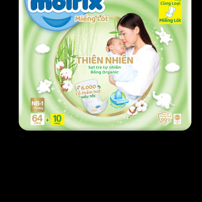 Miếng lót sơ sinh Molfix Thiên nhiên Super Jumbo Newborn 1 (dưới 1 tháng tuổi) - Gói 64+10 miếng