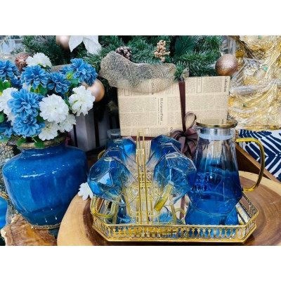 Sét bình đựng nước uống thủy tinh chịu nhiệt cao cấp màu xanh nước biển vân kim cương kèm khay và giá úp