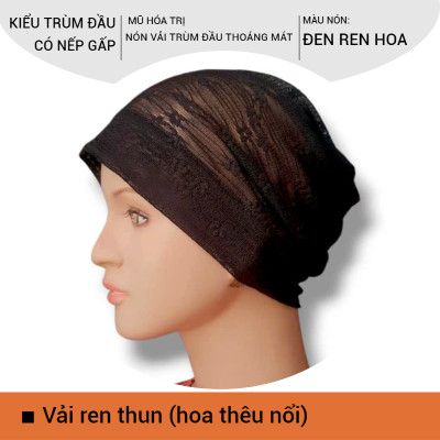 [KIỂU NẾP GẤP] Nón vải trùm đầu, mũ vải đội đầu, mũ mềm mỏng mát, thấm hút mồ hôi, bệnh nhân ung thư, chemo hat, cancer hat [ĐEN REN HOA] 