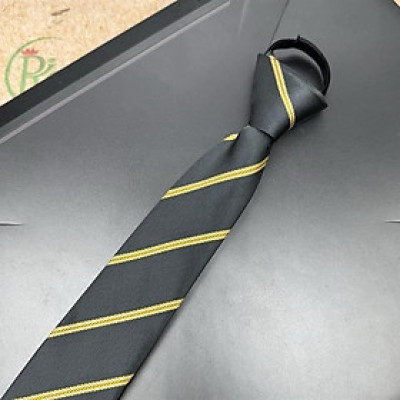 Cà vạt nam mẫu thắt sẵn dây kéo bản nhỏ 6cm mẫu xám kẻ vàng