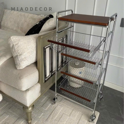 Xe Đẩy Kệ Để Đồ Đa Năng Nhiều Ngăn Tầng Có Ván Gỗ Retro Vintage – Khung Kim Loại Chắc Chắn, Kệ Trang Trí Nhà Bếp Phòng Khách - HÀNG CHÍNH HÃNG MINIIN