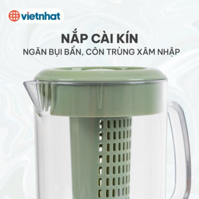 Ca kính uống nước có lọc 1500ml - Lõi lọc tháo rời, nắp kín - Trà, nước detox hoa quả bỏ tủ lạnh, Bình đựng nước, Bình pha trà có lõi lọc