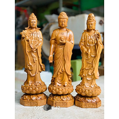 Bộ tượng phật tam thánh bằng gỗ bách xanh thơm nức kt cao 40×12cm