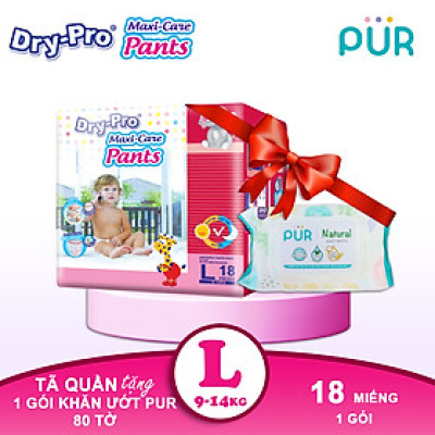 Combo Tã/bỉm quần Dry-Pro L18 (9kg-14kg) + tặng 1 gói khăn ướt Pur 80 tờ cho bé