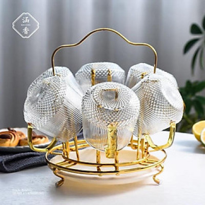 Úp cốc chữ nhật và tròn kèm khay, giá úp cốc inox 304 mạ vàng cao cấp không hoen gỉ