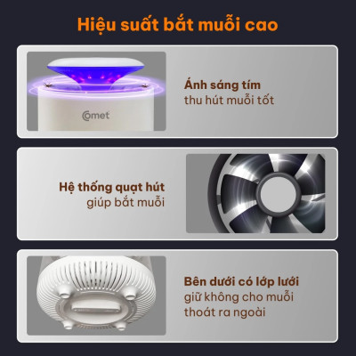 Đèn Diệt Côn Trùng COMET CM078 3W cắm điện trực tiếp, 8 bóng đèn LED, sử dụng tia ánh sáng tím và quạt hút diệt muỗi và lọc không khí