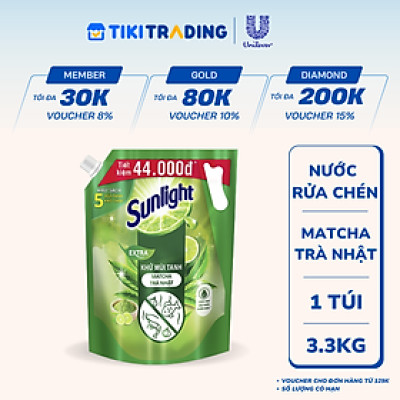 Túi Nước Rửa Chén Sunlight Bio-care Thiên Nhiên 100% Gốc Thực Vật Hương Matcha Trà Nhật 3.3KG