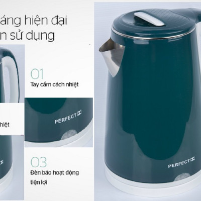 Ấm đun siêu tốc 2 lớp Inox 304 Perfect 2L2 Màu Xanh - Hàng chính hãng