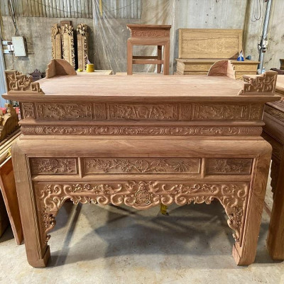 Án gian thờ đục ngũ phúc kim tiền chân 14 gỗ hương đá