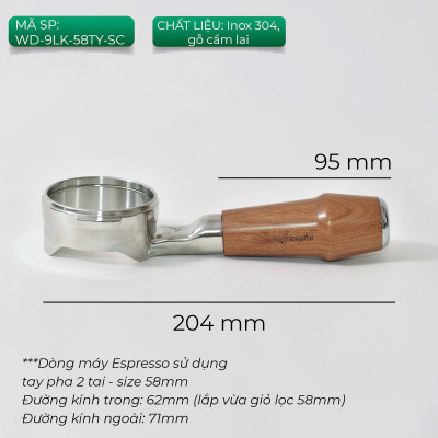 Feepie tay cầm gỗ pha espresso không đáy 58mm 2 tai thông dụng