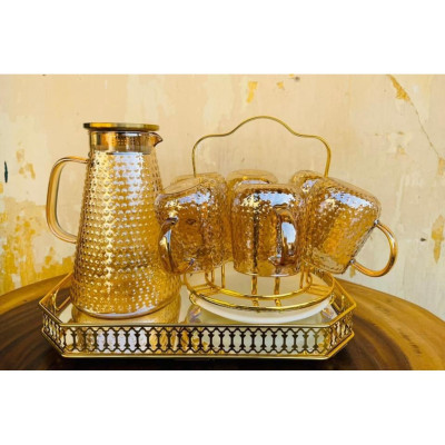 Bộ bình thủy tinh đựng nước uống vân hạt vàng gold chịu nhiệt cao cấp kèm khay và giá úp