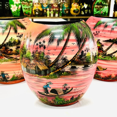 Bình Sơn Mài dẹp Cao Cấp Thanh Bình Lê size 30x25x12 thích hợp cắm hoa, trang trí, làm quà tặng,...