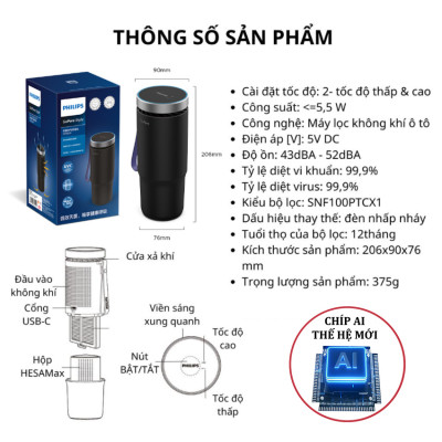 Máy khủ mùi và lọc không khí trên ô tô dạng cốc thương hiệu Philips Hà Lan cao cấp GP5601 và GP5602 - Hàng Nhập Khẩu
