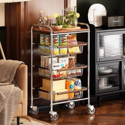 Xe Đẩy Kệ Để Đồ Đa Năng Nhiều Ngăn Tầng Có Ván Gỗ Retro Vintage – Khung Kim Loại Chắc Chắn, Kệ Trang Trí Nhà Bếp Phòng Khách - HÀNG CHÍNH HÃNG MINIIN