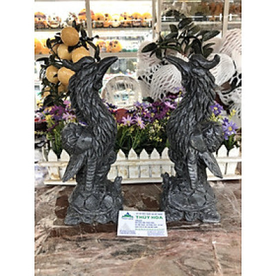 Cặp Hạc đứng rùa thờ cúng đá cẩm thạch vân đen - Cao 30 cm