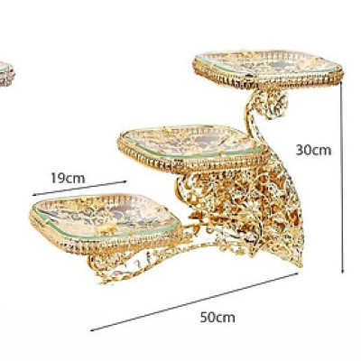 Đĩa 3 tầng khảm đá Hoàng Gia hình Thuyền | KỆ ĐỂ BÁNH HOA QUẢ 3 TẦNG HÌNH THUYỀN VUÔNG CHẤT LIỆU HỢP KIM ĐĨA KÍNH
