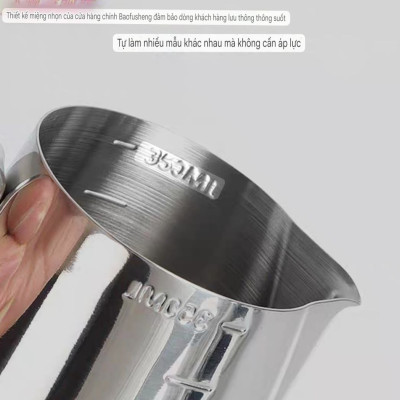 Ca đánh sữa pha chế đồ uống dành cho nhà hàng khách sạn quán bar  - ca inox 304 đánh sữa có quai, chia vạch CNC dõ nét chính sác dành cho cà phê Cappuccino/Latte