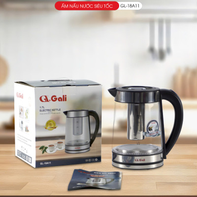 Ấm siêu tốc Gali GL-18A11 1.7L. Thân Ấm Thủy Tinh Có Lưới Lọc Pha Trà. Hàng chính hãng, bảo hành 24 tháng