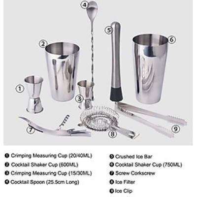 bộ 9 dụng cụ pha chế cocktail bằng thép không gỉ`cao cấp