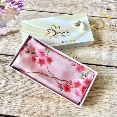 Khăn Choàng Cổ Lụa Cao Cấp Vẽ Hoa Đào SenSilk 180x55cm, Tơ Lụa Bảo Lộc Cao Cấp, Khăn Quấn Cổ Thời Trang Cao Cấp