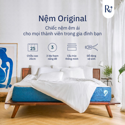Nệm Foam Cao Cấp Ru9 Original 25cm Trắng Xanh, 3 Lớp Foam Nâng Đỡ Cơ Thể Tối Ưu