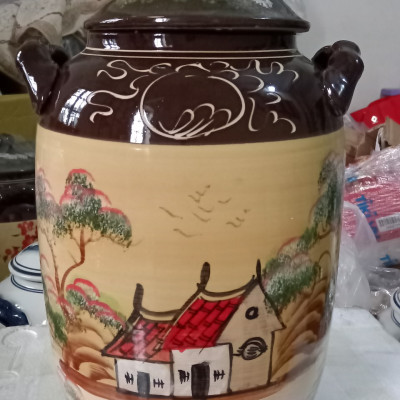 Hũ đựng rượu gạo gốm sứ Bát Tràng vẽ phong cảnh loại 20L