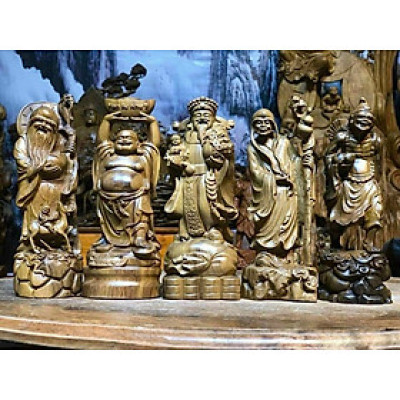 Combo Bộ tượng ngũ vị thần tài bằng gỗ bách xanh thơm phức kt cao 20×8×6cm