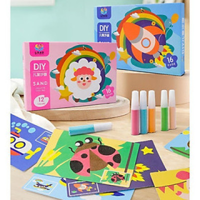 Hộp 16 Tranh Cát DIY 21x14cm An Toàn Cho Bé Kèm 12 Lọ Màu Cát