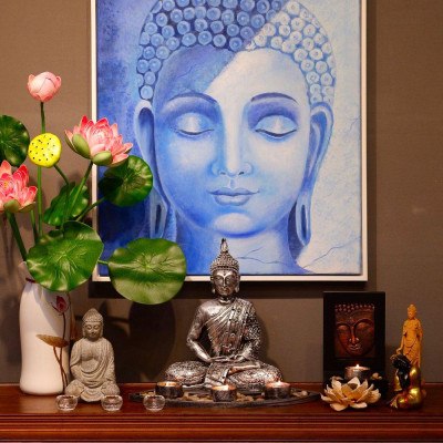 Tượng phật thiền định kèm đế nến tặng 10 cốc nến bơ - Mani Decor