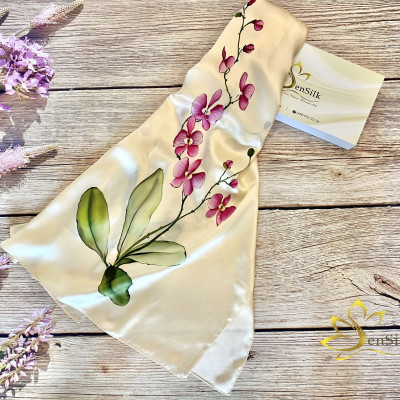 Khăn Lụa Cao Cấp Vẽ Tay Hoa Lan SenSilk Limited – Quà Tặng Doanh Nhân 200x55cm, Vietnam Hand Painted Silk
