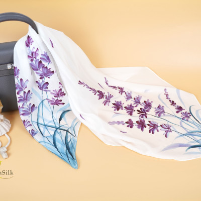 Khăn Lụa Vuông Vẽ Hoa Lavender SenSilk – Vietnam Gift
