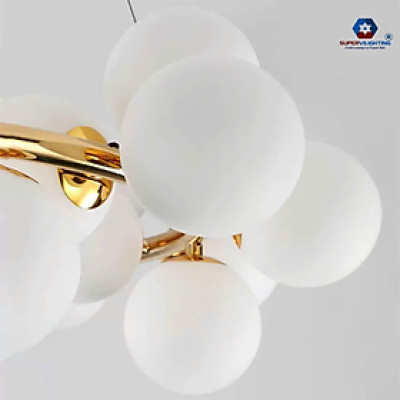 Đèn chùm trang trí phòng khách thả bàn ăn thuỷ tinh SuperVilighting thân mạ vàng hiện đại 25 bóng