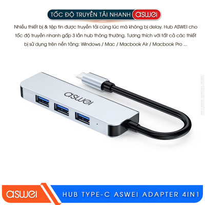 Hub Chuyển Đổi USB Type C ASWEI - 4 in 1, 5 in 1, 6 in 1, 7 in 1, 8 in 1 - HDMI, USB 3.0, PD, SD, TF, RJ45, Audio 3.5mm - Tốc Độ Cao, Hàng Chính Hãng