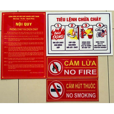 Bộ 4 bảng Chất liệu Mica gồm: Nội quy, Tiêu lệnh phòng cháy chữa cháy, Cấm lửa, Cấm thuốc