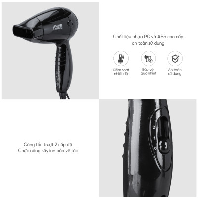 Máy sấy tóc mini Lebenlang LBL3083, chống xơ rối tóc bằng công nghệ ion 1200W, nhỏ gọn tiện lợi, tặng kèm túi đựng, bảo hành 2 năm - hàng chính hãng