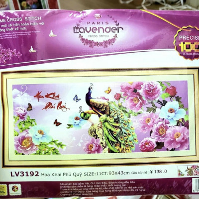 Tranh thêu chữ thập Hoa khai phú quý LV3192
