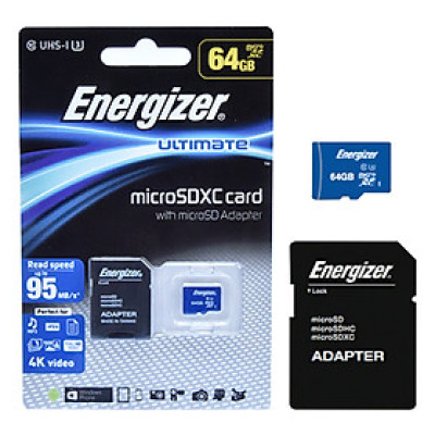 Thẻ Nhớ Micro SDXC Energizer 64GB Class 10 Up To 95mb/s (Kèm Adapter) FMDAAU064A - Hàng Chính Hãng