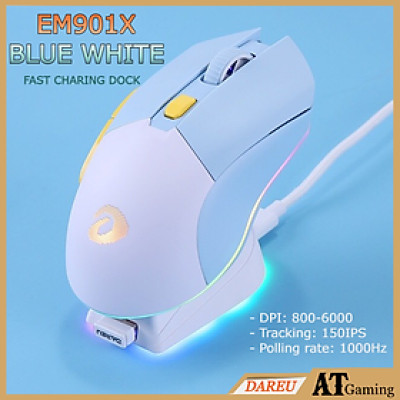 Chuột không dây Gaming DAREU EM901X RGB BLUE-WHITE - SUPERLIGHT, FAST CHARING DOCK - Hàng chính hãng