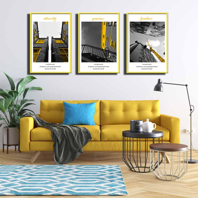 Bộ 3 tranh canvas treo tường Decor Họa tiết kiến trúc tone vàng, xám - DC201