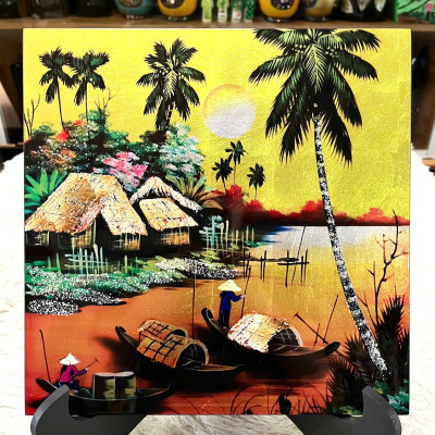 Tranh sơn mài đồng quê vẽ vàng, hàng xuất khẩu 30x30 cm