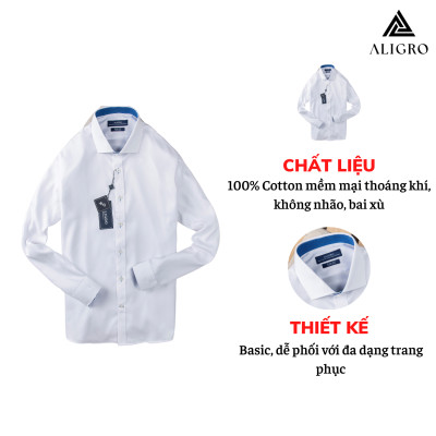 Áo sơ mi nam dài tay ALIGRO cổ bẻ dáng ôm body 100% chất cotton trắng phối cổ ALGS194