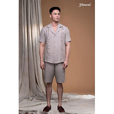 Áo sơ mi danton linen kem sẫm viền beo thân áo LM112444A [BST Da Beo]