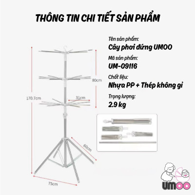 Cây phơi đồ thông minh đa năng CAO CẤP inox 3 tầng phù hợp treo đồ cho bé + tặng kèm 56 kẹp phơi đồ