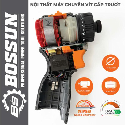 Máy chuyên vít cấp trượt pin BOSSUN 16.8V, lực siết 45n.m, động cơ không thổi than, 23 cấp trượt, pin 4cell