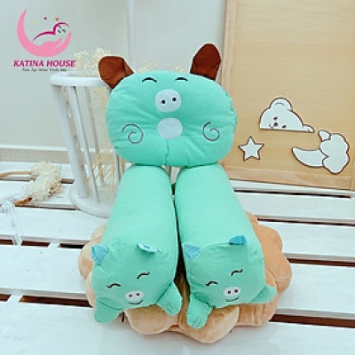 Bộ gối chặn cho trẻ sơ sinh Katina House, vải cotton cara, gối nằm lõm hình thú, mềm mại thoáng mát